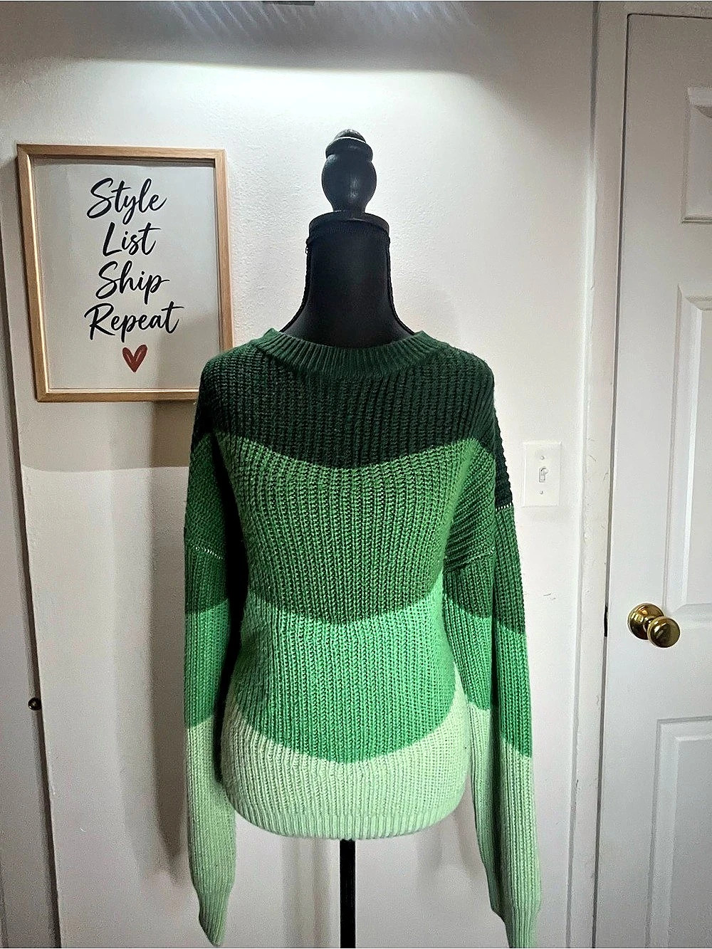 SHEIN LUNE Green Color Block Chevron Drop Shoulder Knit Sweater